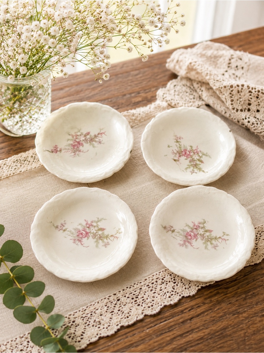 Vintage Floral Ceramic butter pats  Set - Pink on Cream (Set of 4)